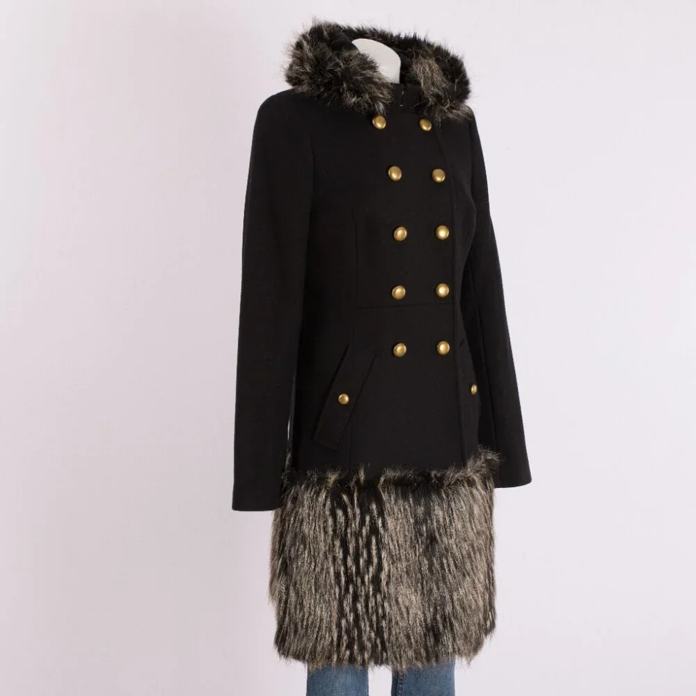 Rachel Zoe Black Wool Military Coat with Faux Fur Trim Size US 8 - Picture 3 of 11